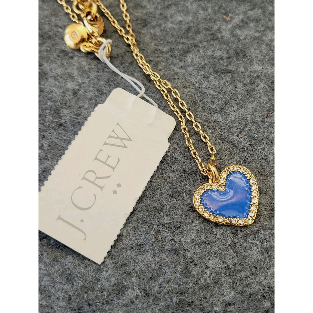Vintage J.Crew AV779 Blue Enamel Heart Crystal Pendant Necklace Gold Tone New